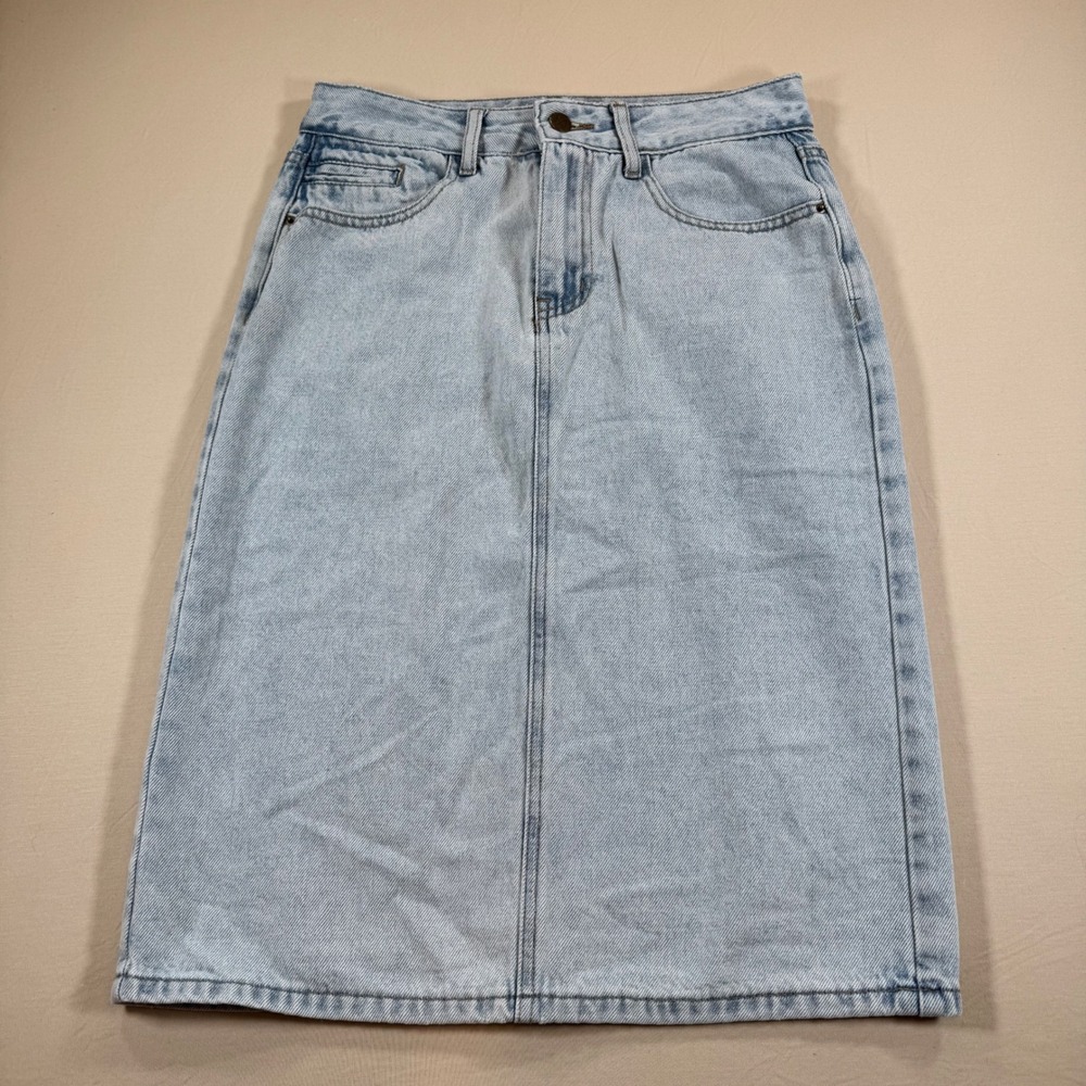 The Main Street Exchange Denim Midi Skirt Light Wash Blue Cotton Size 6